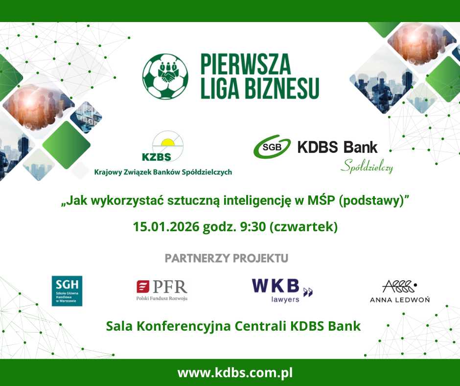 Plakat informujący o kolejnym spotkaniu z cyklu "Pierwsza Liga Biznesu"