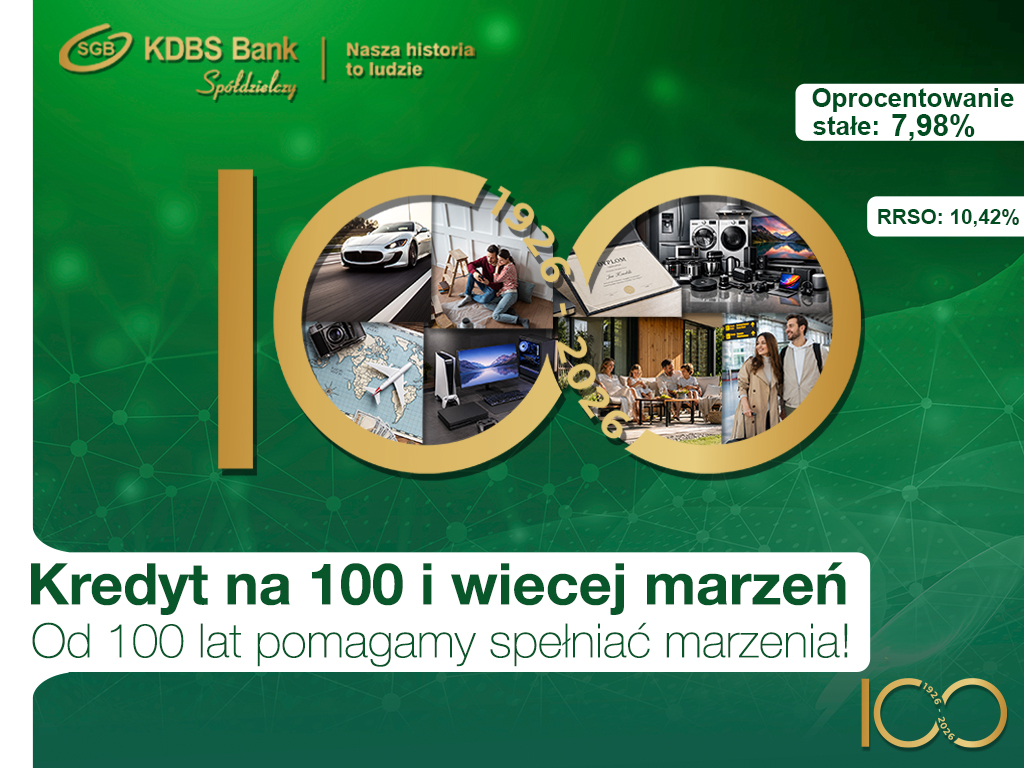 Reklama kredytu na 100 i więcej marzeń. Przedstawia liczbę 100, w której widnieją przykładowe marzenia.